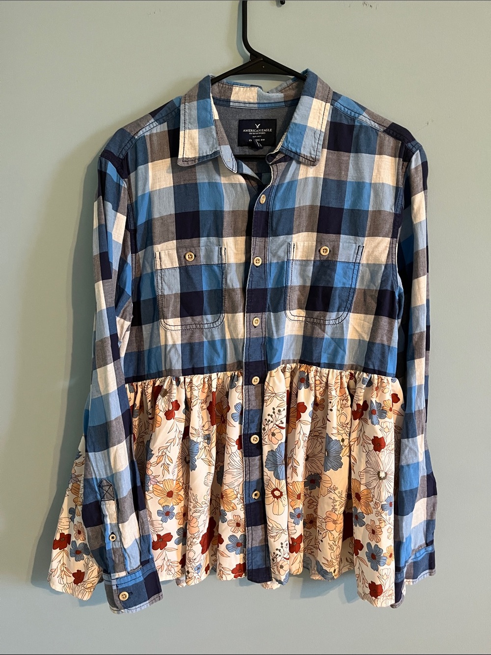 American Eagle Upcycled Blue Plaid Button-Up Peplum Shirt